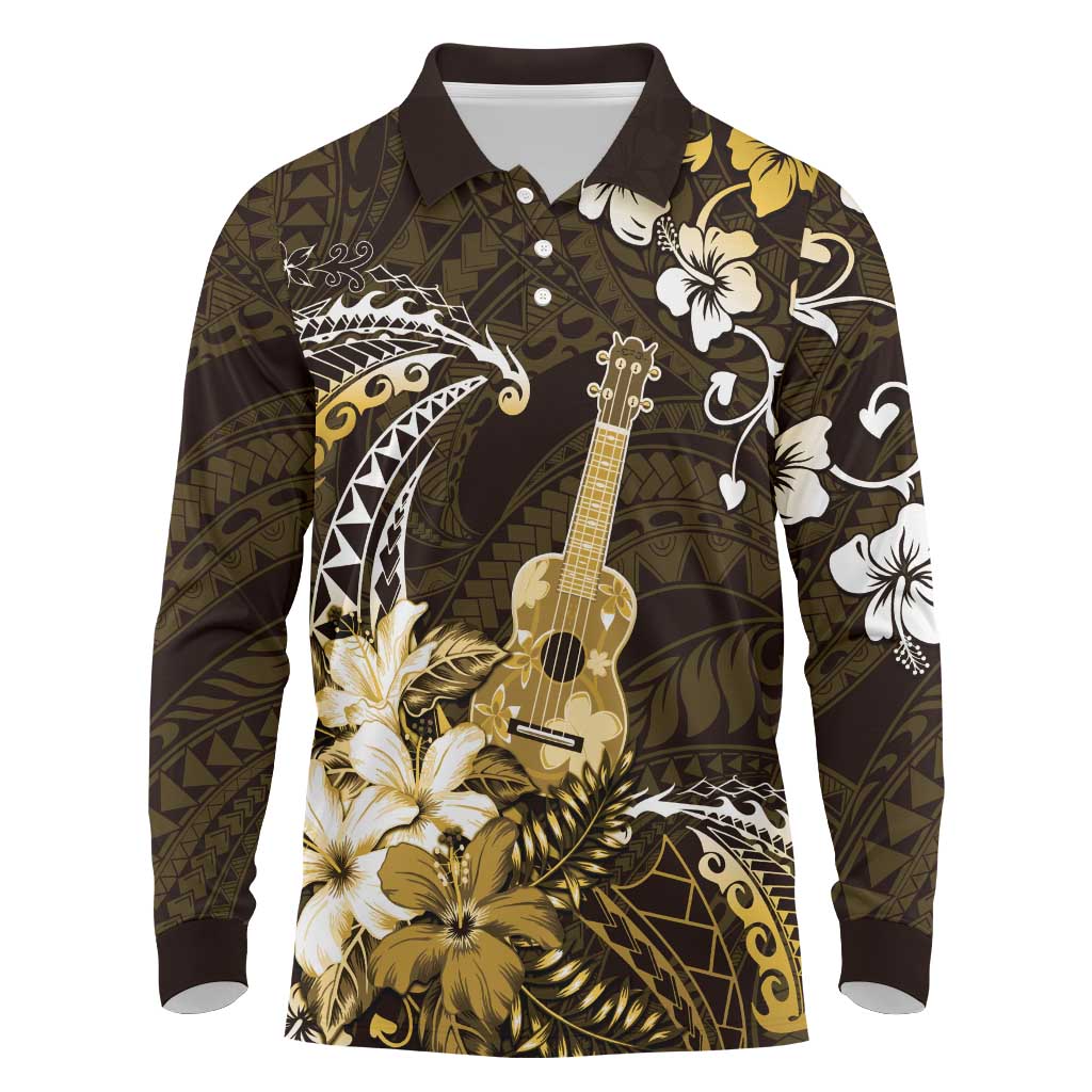 Hawaii Ukulele Long Sleeve Polo Shirt Polynesian Pattern Mix Hibiscus Gold Version LT05 Gold - Polynesian Pride