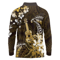 Hawaii Ukulele Long Sleeve Polo Shirt Polynesian Pattern Mix Hibiscus Gold Version LT05 - Polynesian Pride