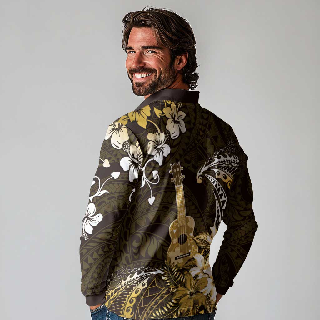 Hawaii Ukulele Long Sleeve Polo Shirt Polynesian Pattern Mix Hibiscus Gold Version LT05 - Polynesian Pride