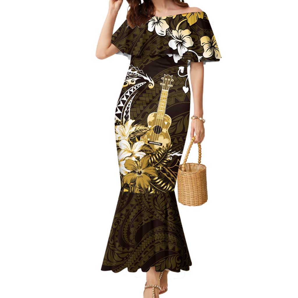 Hawaii Ukulele Mermaid Dress Polynesian Pattern Mix Hibiscus Gold Version LT05 Women Gold - Polynesian Pride