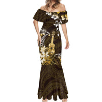 Hawaii Ukulele Mermaid Dress Polynesian Pattern Mix Hibiscus Gold Version LT05 - Polynesian Pride