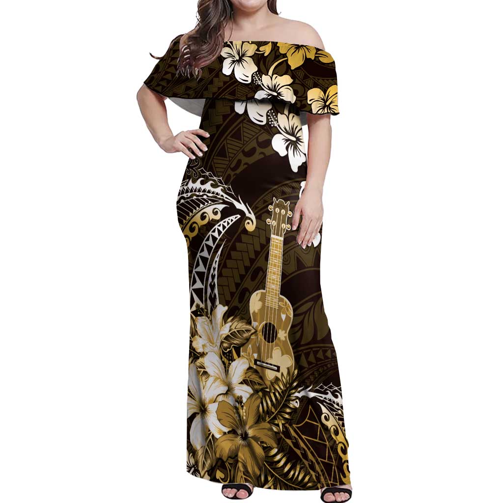 Hawaii Ukulele Off Shoulder Maxi Dress Polynesian Pattern Mix Hibiscus Gold Version LT05 Women Gold - Polynesian Pride