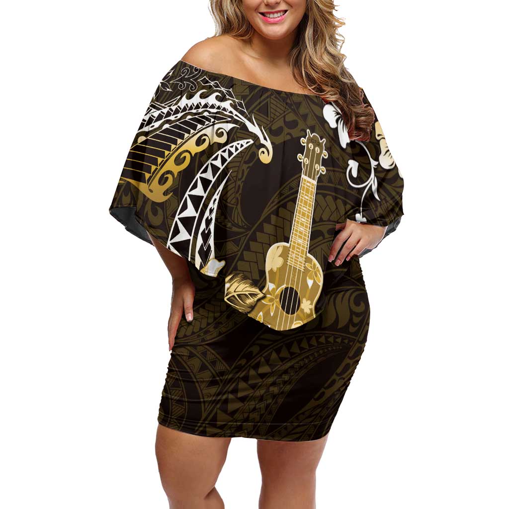Hawaii Ukulele Off Shoulder Short Dress Polynesian Pattern Mix Hibiscus Gold Version LT05 Women Gold - Polynesian Pride
