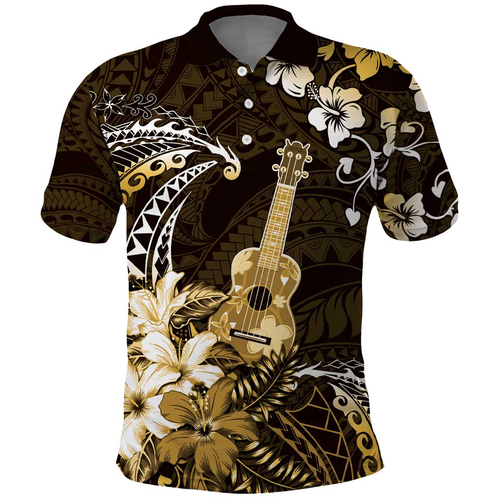 Hawaii Ukulele Polo Shirt Polynesian Pattern Mix Hibiscus Gold Version LT05 Gold - Polynesian Pride