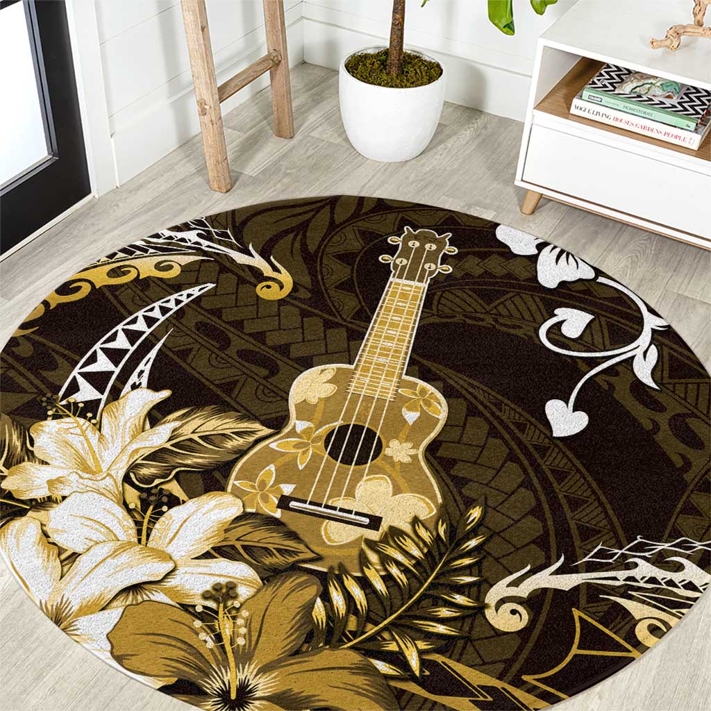 Hawaii Ukulele Round Carpet Polynesian Pattern Mix Hibiscus Gold Version LT05 Gold - Polynesian Pride
