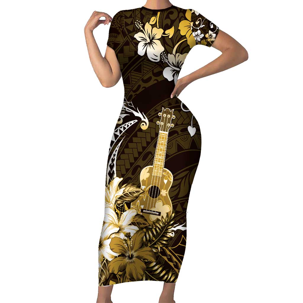 Hawaii Ukulele Short Sleeve Bodycon Dress Polynesian Pattern Mix Hibiscus Gold Version LT05 Long Dress Gold - Polynesian Pride