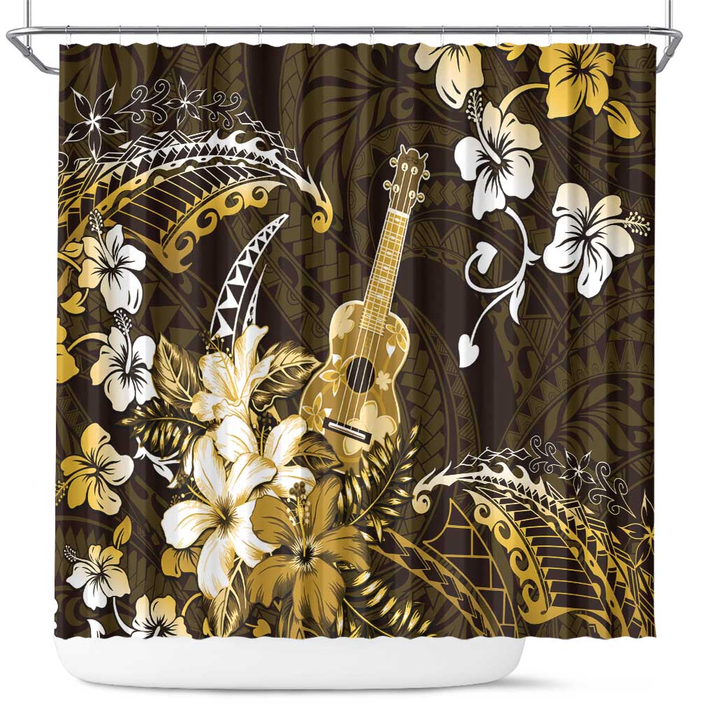Hawaii Ukulele Shower Curtain Polynesian Pattern Mix Hibiscus Gold Version LT05 Gold - Polynesian Pride