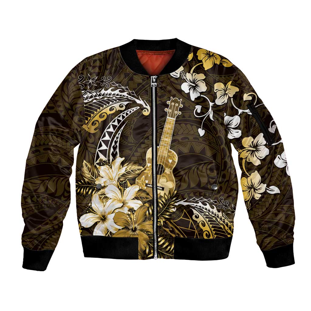 Hawaii Ukulele Sleeve Zip Bomber Jacket Polynesian Pattern Mix Hibiscus Gold Version LT05 Unisex Gold - Polynesian Pride