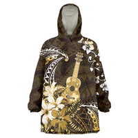 Hawaii Ukulele Wearable Blanket Hoodie Polynesian Pattern Mix Hibiscus Gold Version LT05 One Size Gold - Polynesian Pride