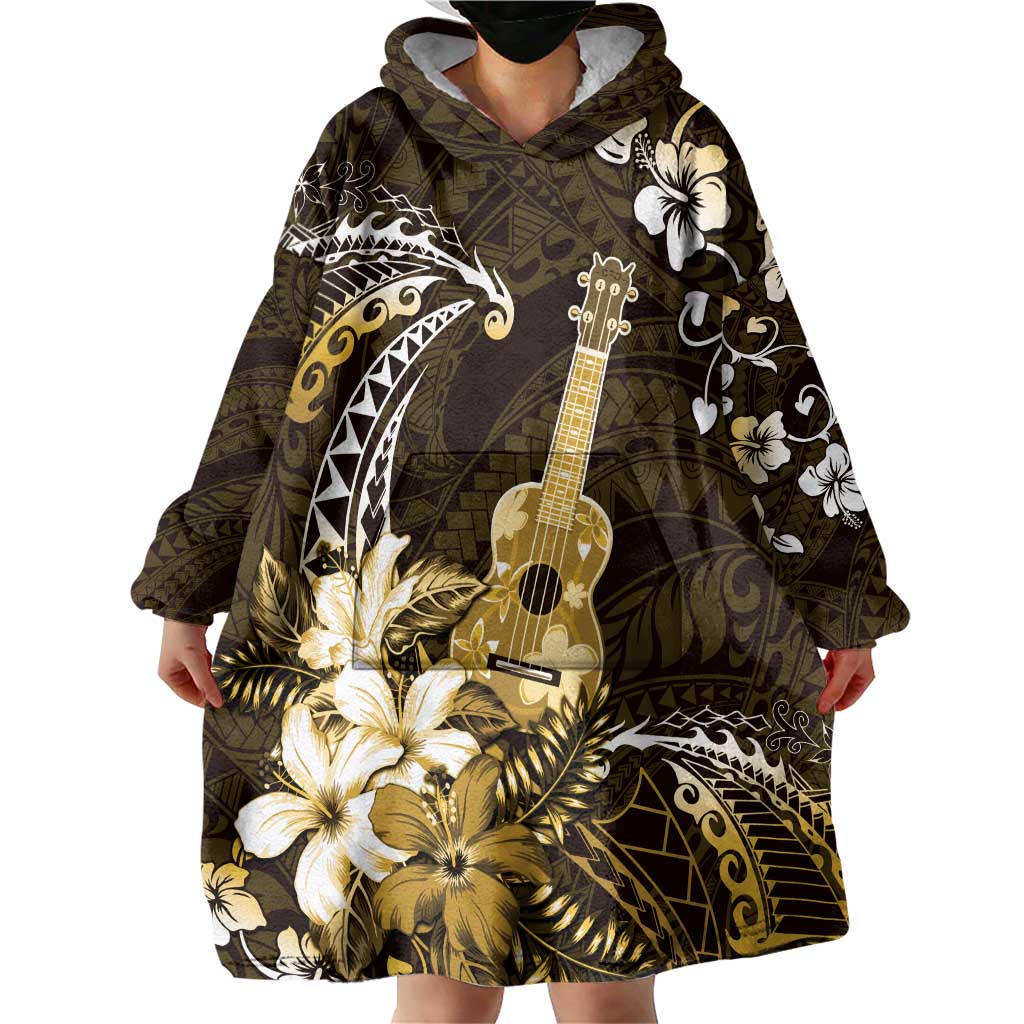 Hawaii Ukulele Wearable Blanket Hoodie Polynesian Pattern Mix Hibiscus Gold Version LT05 - Polynesian Pride