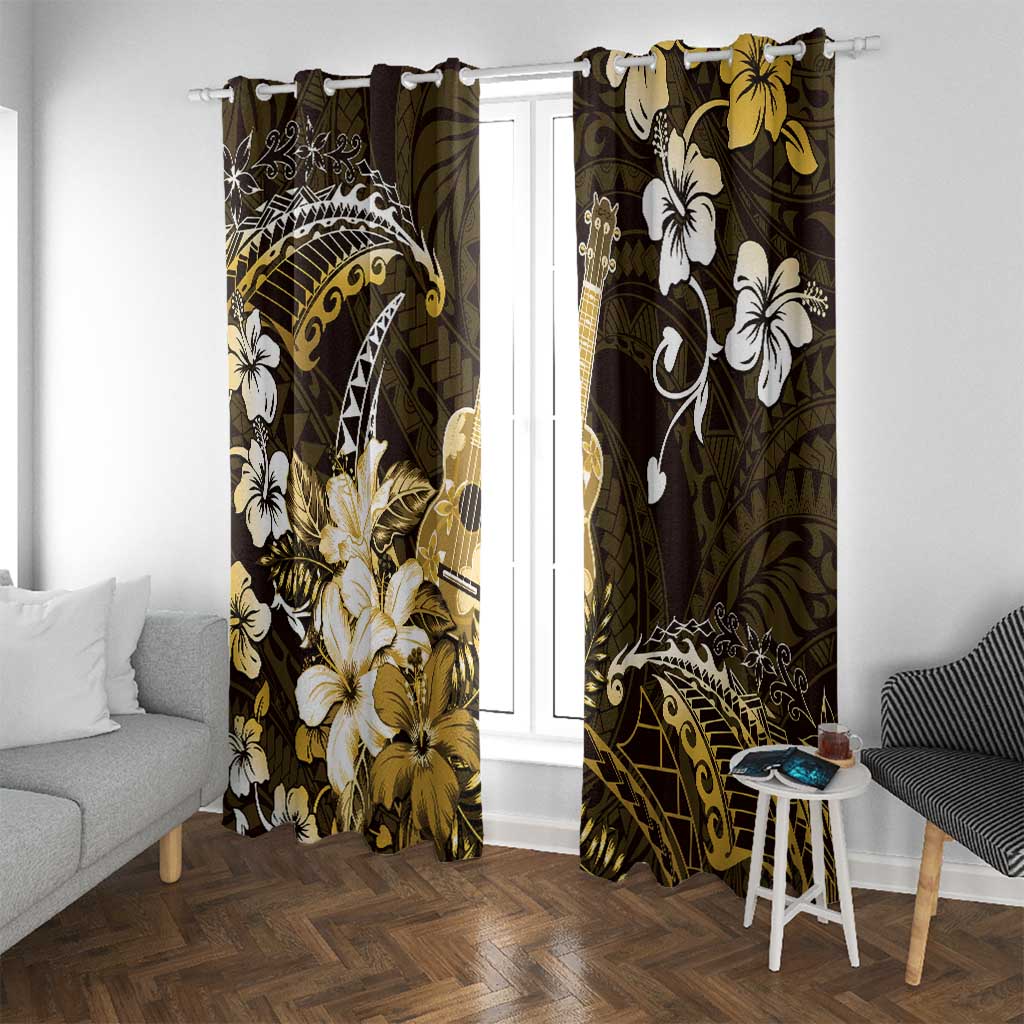 Hawaii Ukulele Window Curtain Polynesian Pattern Mix Hibiscus Gold Version LT05 With Grommets Gold - Polynesian Pride