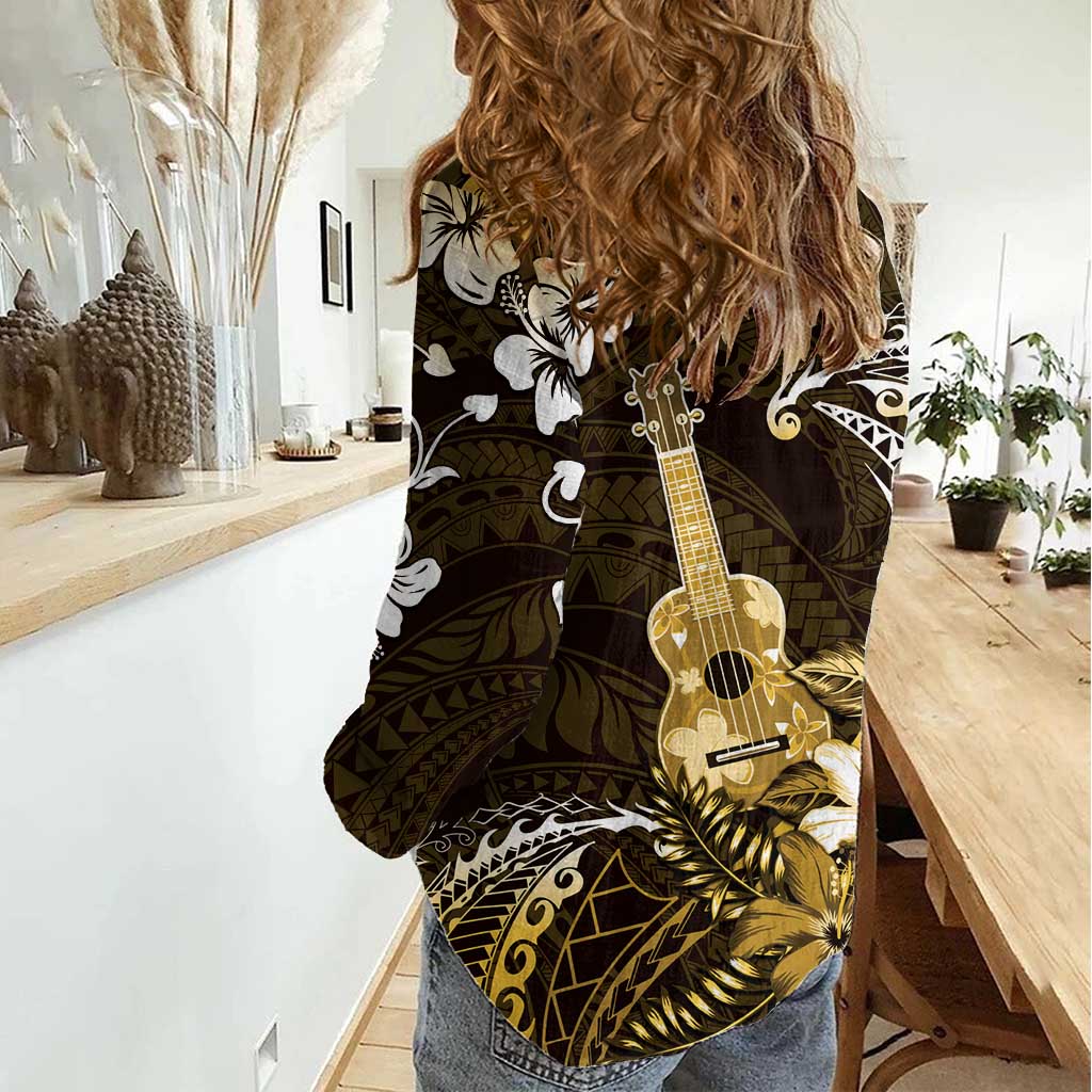 Hawaii Ukulele Women Casual Shirt Polynesian Pattern Mix Hibiscus Gold Version LT05 - Polynesian Pride