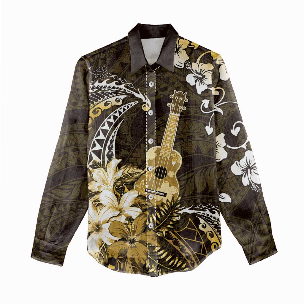 Hawaii Ukulele Women Casual Shirt Polynesian Pattern Mix Hibiscus Gold Version LT05 - Polynesian Pride