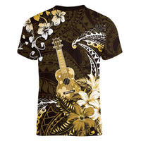Hawaii Ukulele Women V-Neck T-Shirt Polynesian Pattern Mix Hibiscus Gold Version LT05 - Polynesian Pride