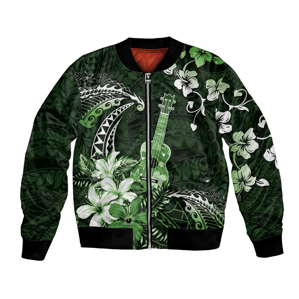 Hawaii Ukulele Bomber Jacket Polynesian Pattern Mix Hibiscus Green Version LT05 Unisex Green - Polynesian Pride