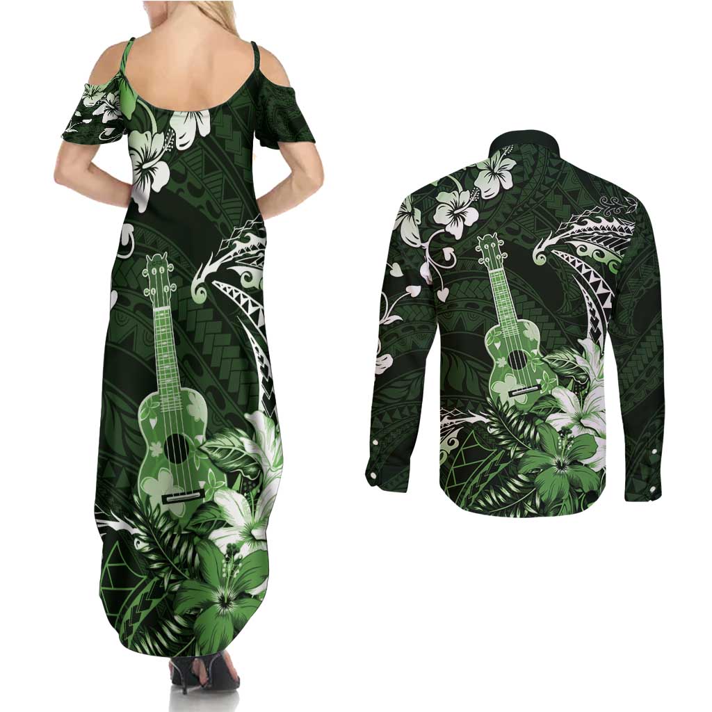 Hawaii Ukulele Couples Matching Summer Maxi Dress and Long Sleeve Button Shirt Polynesian Pattern Mix Hibiscus Green Version LT05 - Polynesian Pride