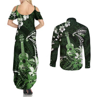 Hawaii Ukulele Couples Matching Summer Maxi Dress and Long Sleeve Button Shirt Polynesian Pattern Mix Hibiscus Green Version LT05 - Polynesian Pride