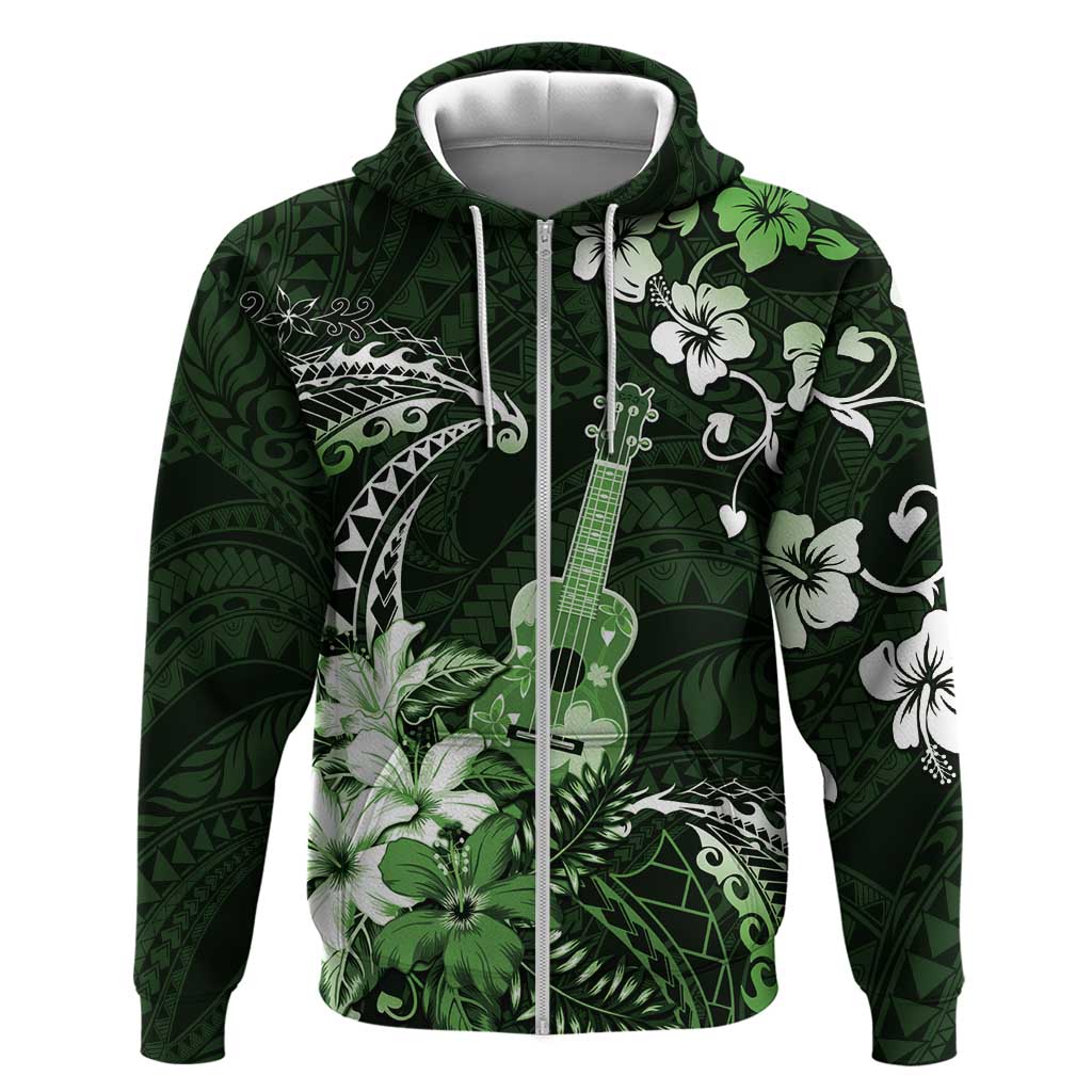Hawaii Ukulele Hoodie Polynesian Pattern Mix Hibiscus Green Version LT05 Zip Hoodie Green - Polynesian Pride