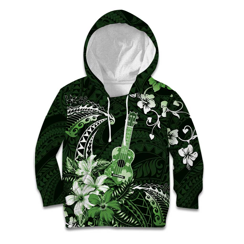Hawaii Ukulele Kid Hoodie Polynesian Pattern Mix Hibiscus Green Version LT05 Hoodie Green - Polynesian Pride