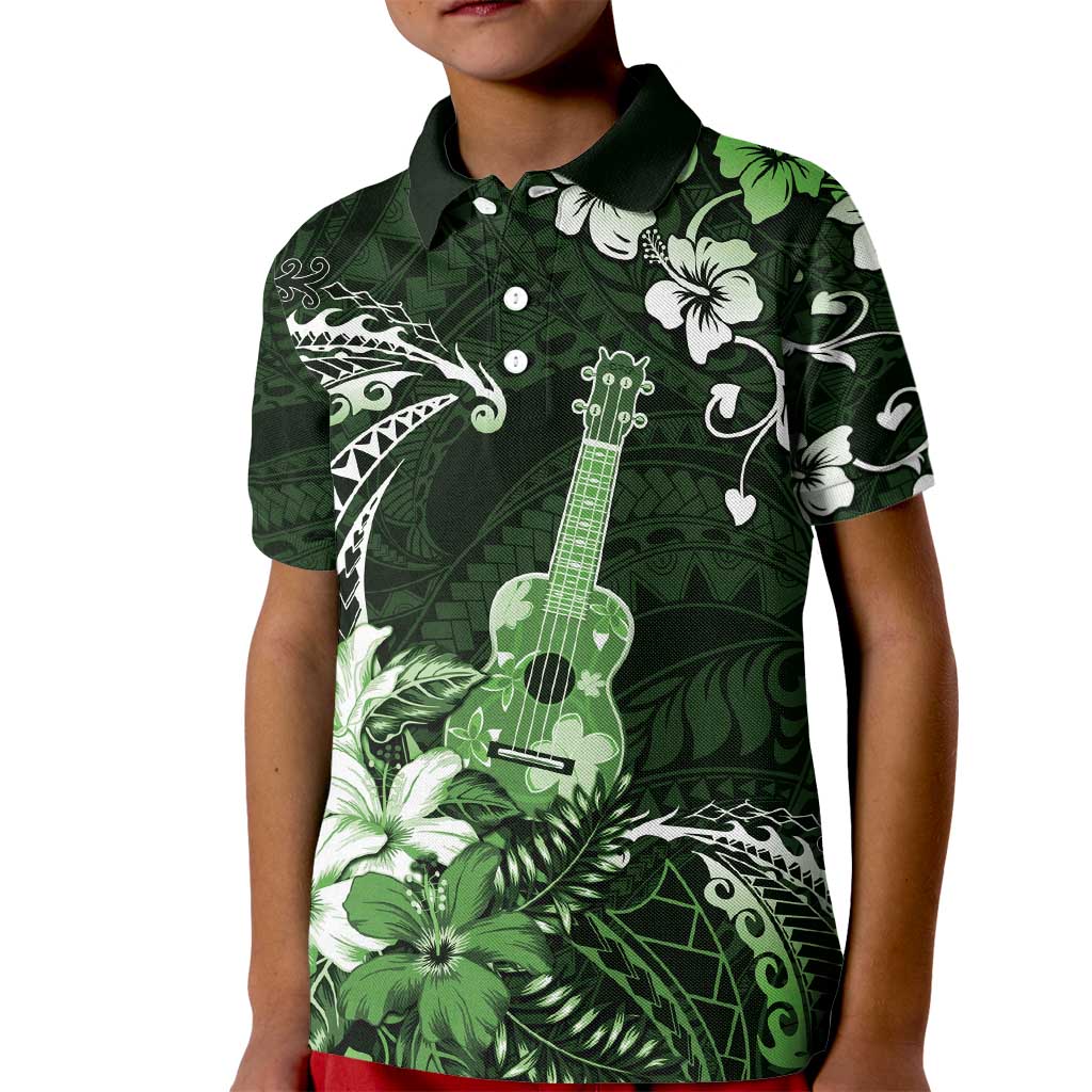 Hawaii Ukulele Kid Polo Shirt Polynesian Pattern Mix Hibiscus Green Version LT05 Kid Green - Polynesian Pride