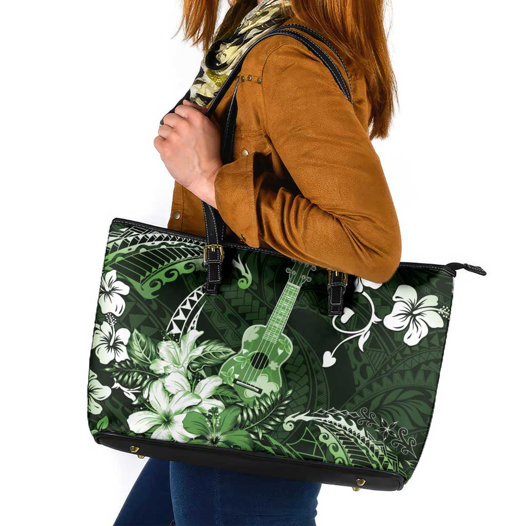 Hawaii Ukulele Leather Tote Bag Polynesian Pattern Mix Hibiscus Green Version LT05 Green - Polynesian Pride