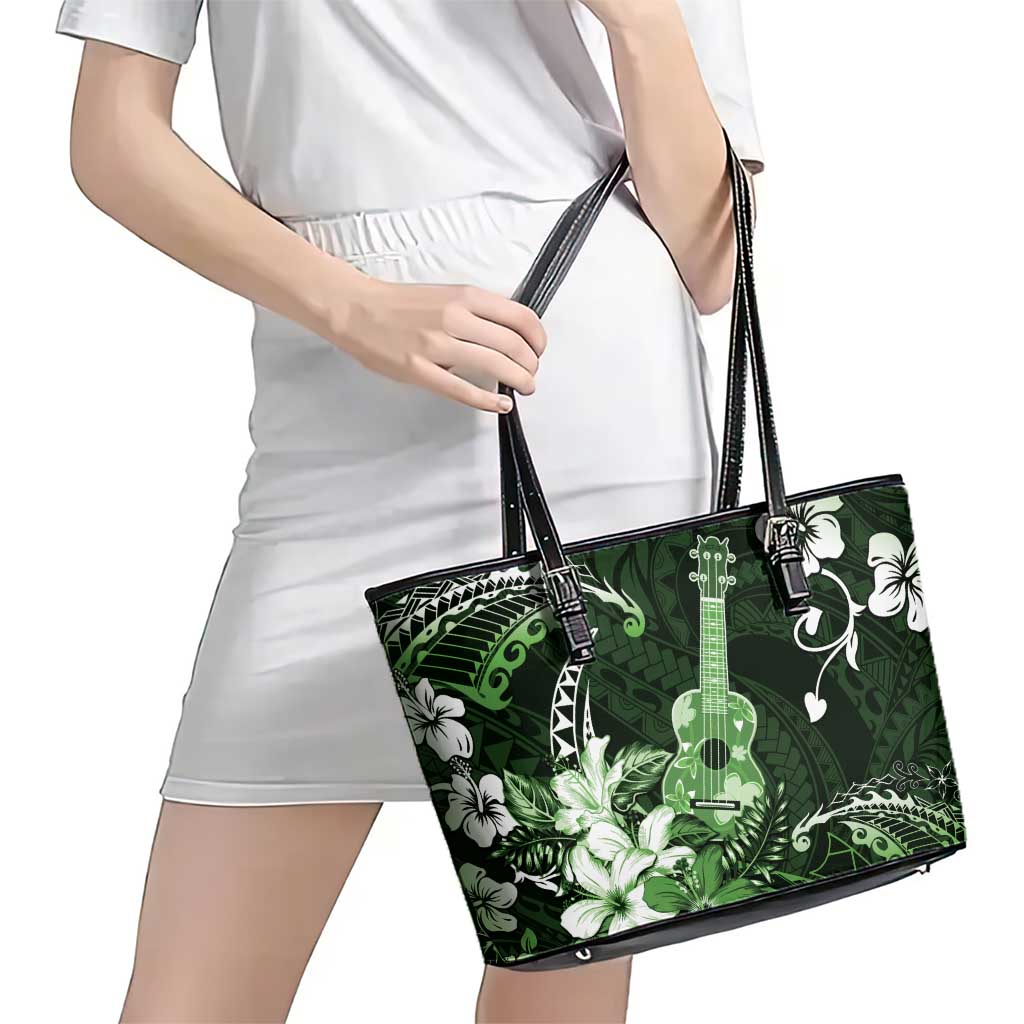 Hawaii Ukulele Leather Tote Bag Polynesian Pattern Mix Hibiscus Green Version LT05 - Polynesian Pride