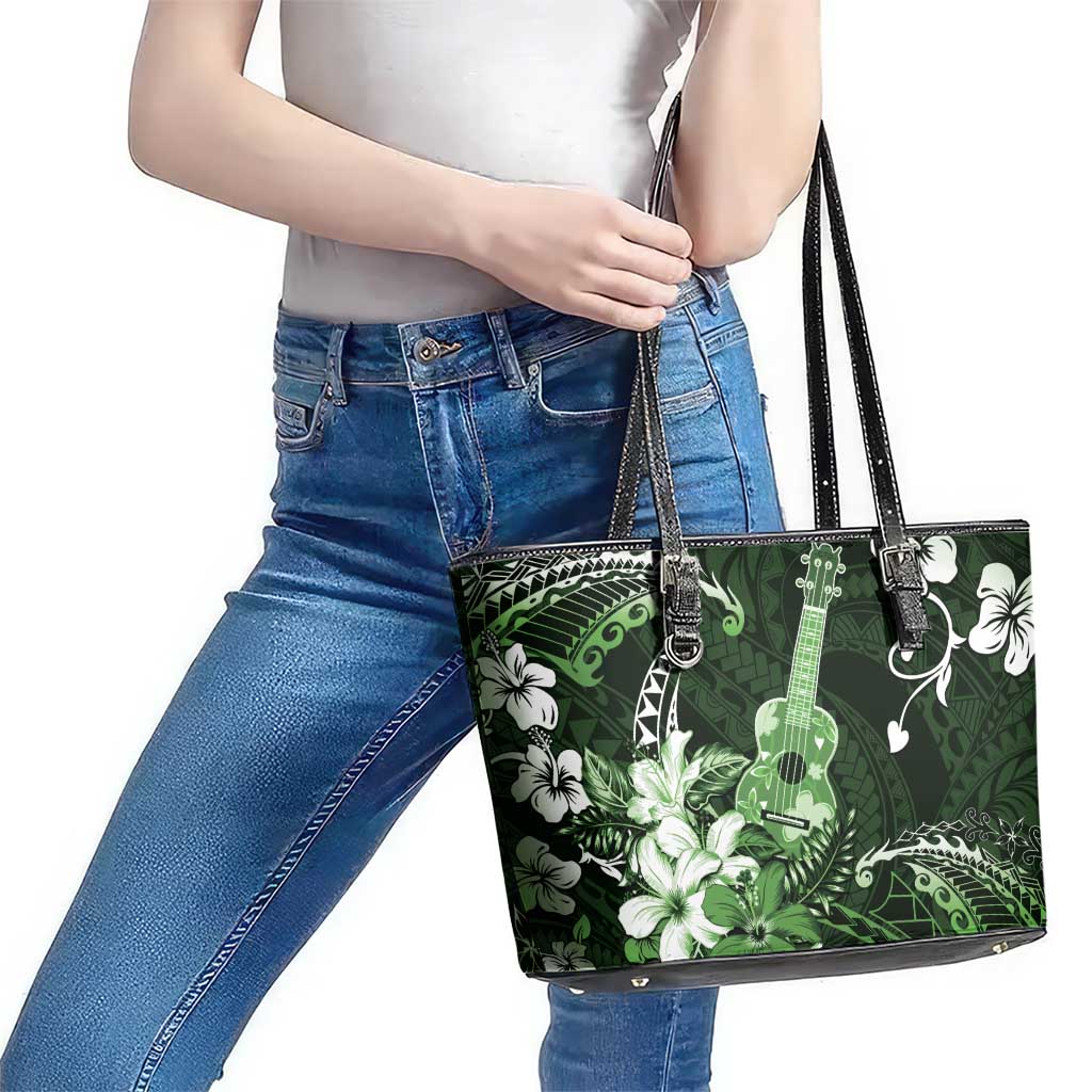 Hawaii Ukulele Leather Tote Bag Polynesian Pattern Mix Hibiscus Green Version LT05 - Polynesian Pride