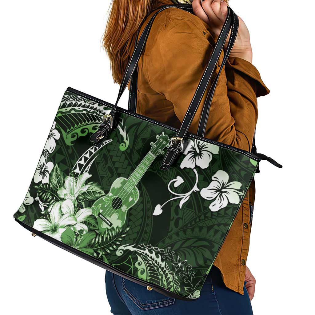 Hawaii Ukulele Leather Tote Bag Polynesian Pattern Mix Hibiscus Green Version LT05 - Polynesian Pride