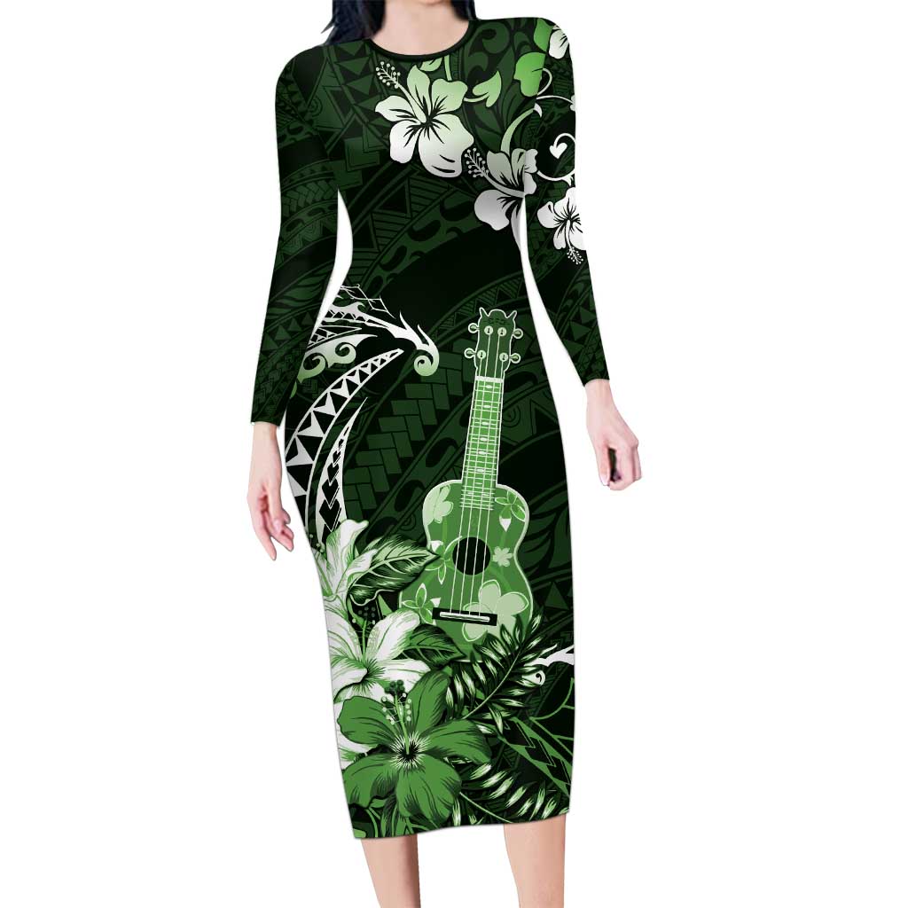 Hawaii Ukulele Long Sleeve Bodycon Dress Polynesian Pattern Mix Hibiscus Green Version LT05 Long Dress Green - Polynesian Pride