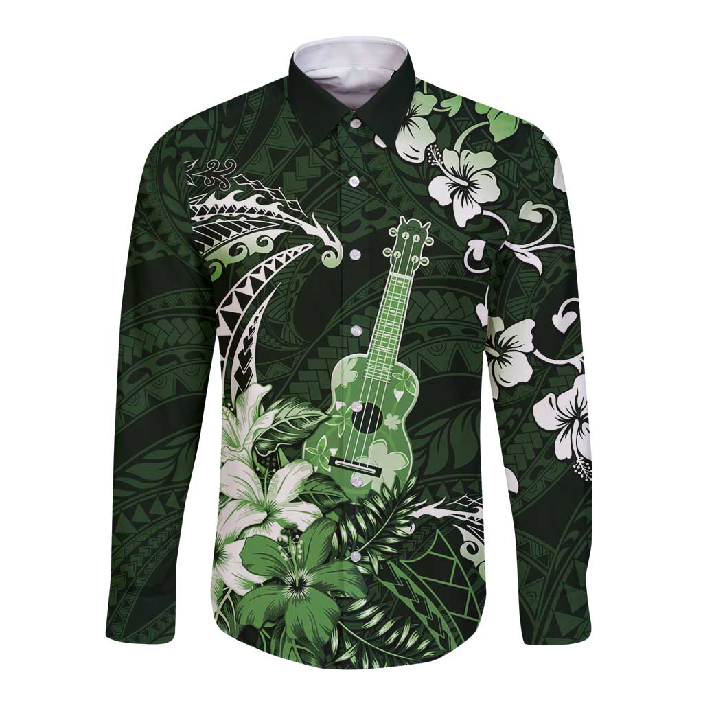 Hawaii Ukulele Long Sleeve Button Shirt Polynesian Pattern Mix Hibiscus Green Version LT05 Unisex Green - Polynesian Pride