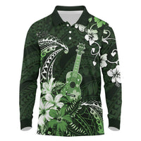 Hawaii Ukulele Long Sleeve Polo Shirt Polynesian Pattern Mix Hibiscus Green Version LT05 Green - Polynesian Pride