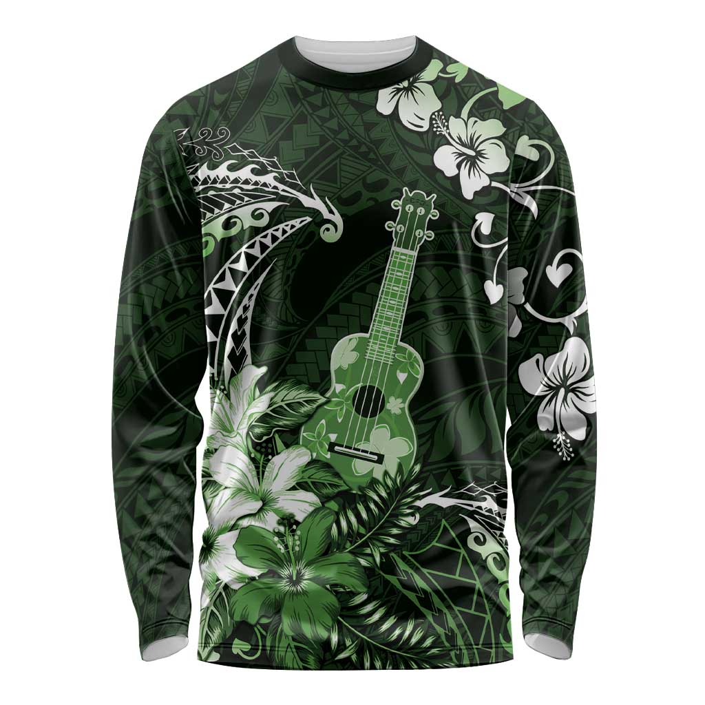 Hawaii Ukulele Long Sleeve Shirt Polynesian Pattern Mix Hibiscus Green Version LT05 Unisex Green - Polynesian Pride