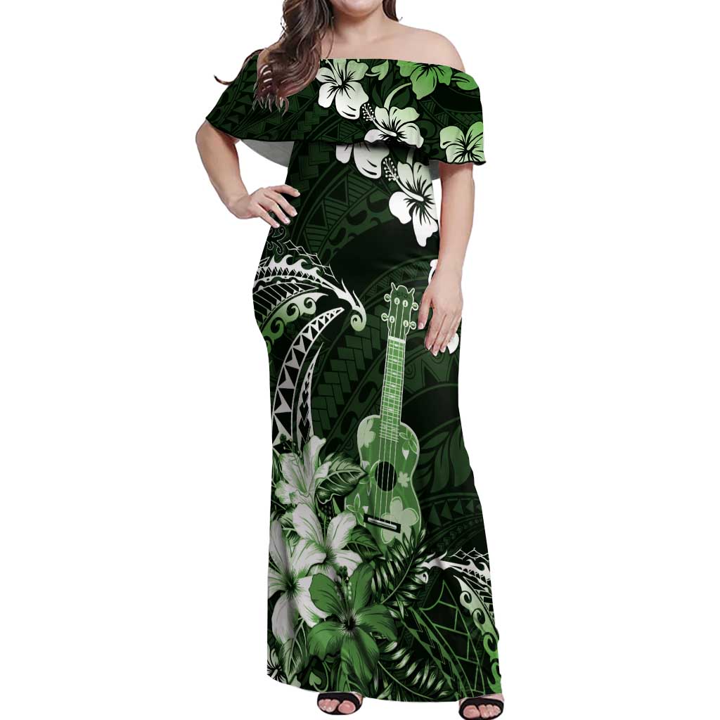 Hawaii Ukulele Off Shoulder Maxi Dress Polynesian Pattern Mix Hibiscus Green Version LT05 Women Green - Polynesian Pride