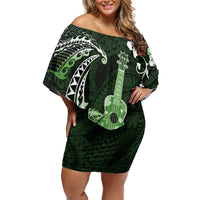 Hawaii Ukulele Off Shoulder Short Dress Polynesian Pattern Mix Hibiscus Green Version LT05 Women Green - Polynesian Pride