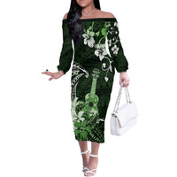 Hawaii Ukulele Off The Shoulder Long Sleeve Dress Polynesian Pattern Mix Hibiscus Green Version LT05 Women Green - Polynesian Pride