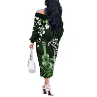 Hawaii Ukulele Off The Shoulder Long Sleeve Dress Polynesian Pattern Mix Hibiscus Green Version LT05 - Polynesian Pride