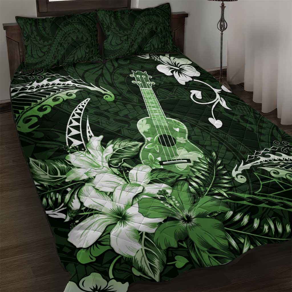 Hawaii Ukulele Quilt Bed Set Polynesian Pattern Mix Hibiscus Green Version LT05 Green - Polynesian Pride