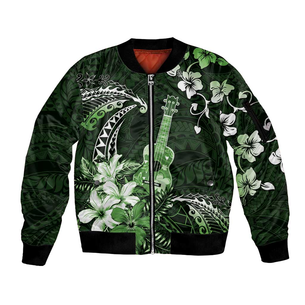 Hawaii Ukulele Sleeve Zip Bomber Jacket Polynesian Pattern Mix Hibiscus Green Version LT05 Unisex Green - Polynesian Pride