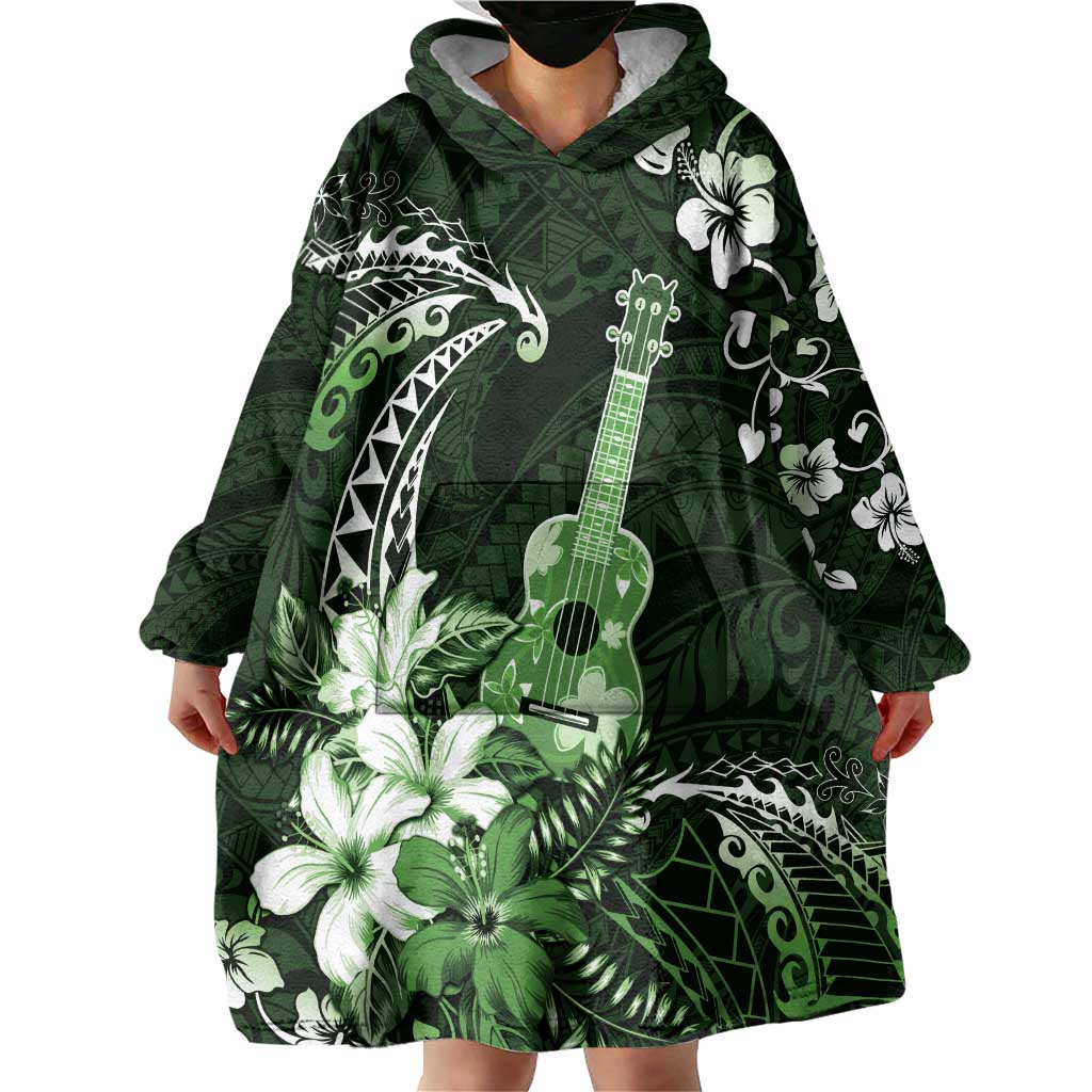 Hawaii Ukulele Wearable Blanket Hoodie Polynesian Pattern Mix Hibiscus Green Version LT05 - Polynesian Pride