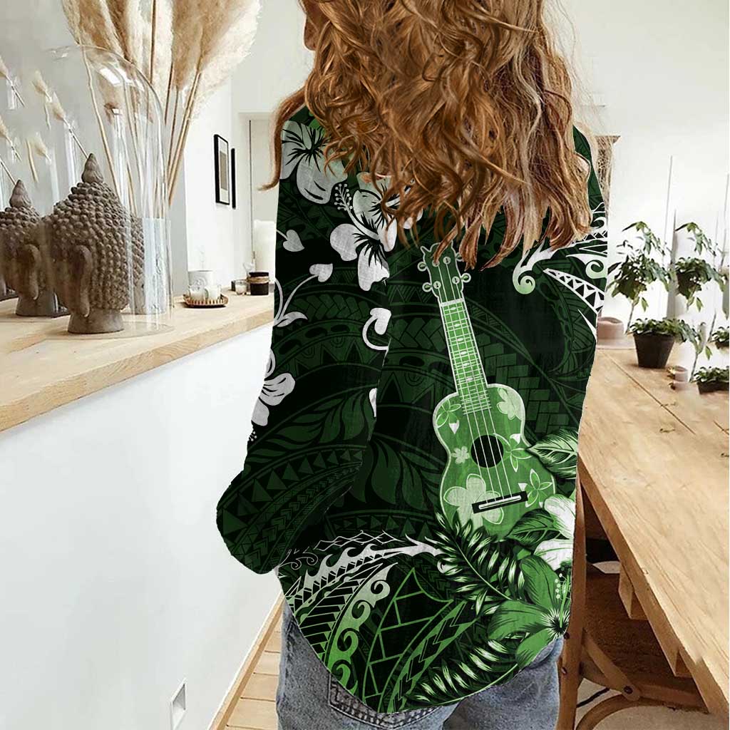 Hawaii Ukulele Women Casual Shirt Polynesian Pattern Mix Hibiscus Green Version LT05 - Polynesian Pride