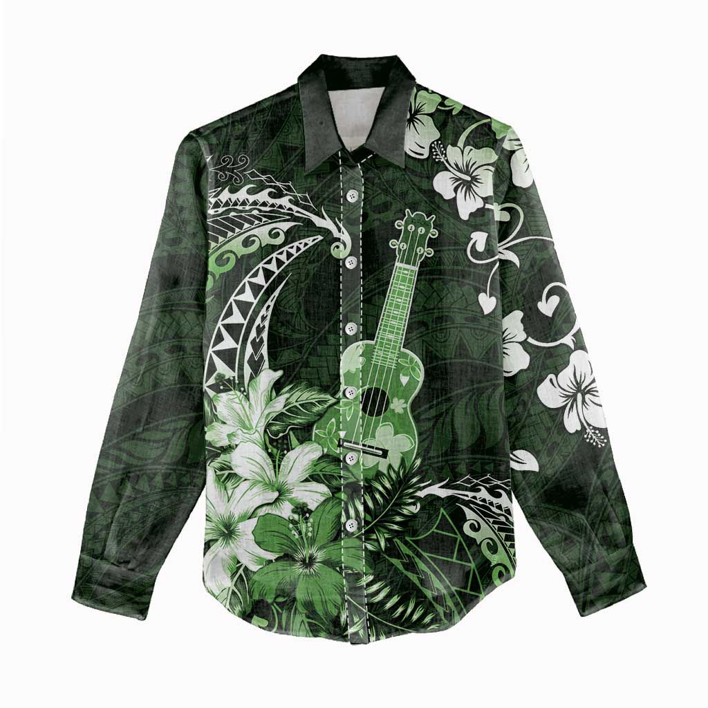 Hawaii Ukulele Women Casual Shirt Polynesian Pattern Mix Hibiscus Green Version LT05 - Polynesian Pride