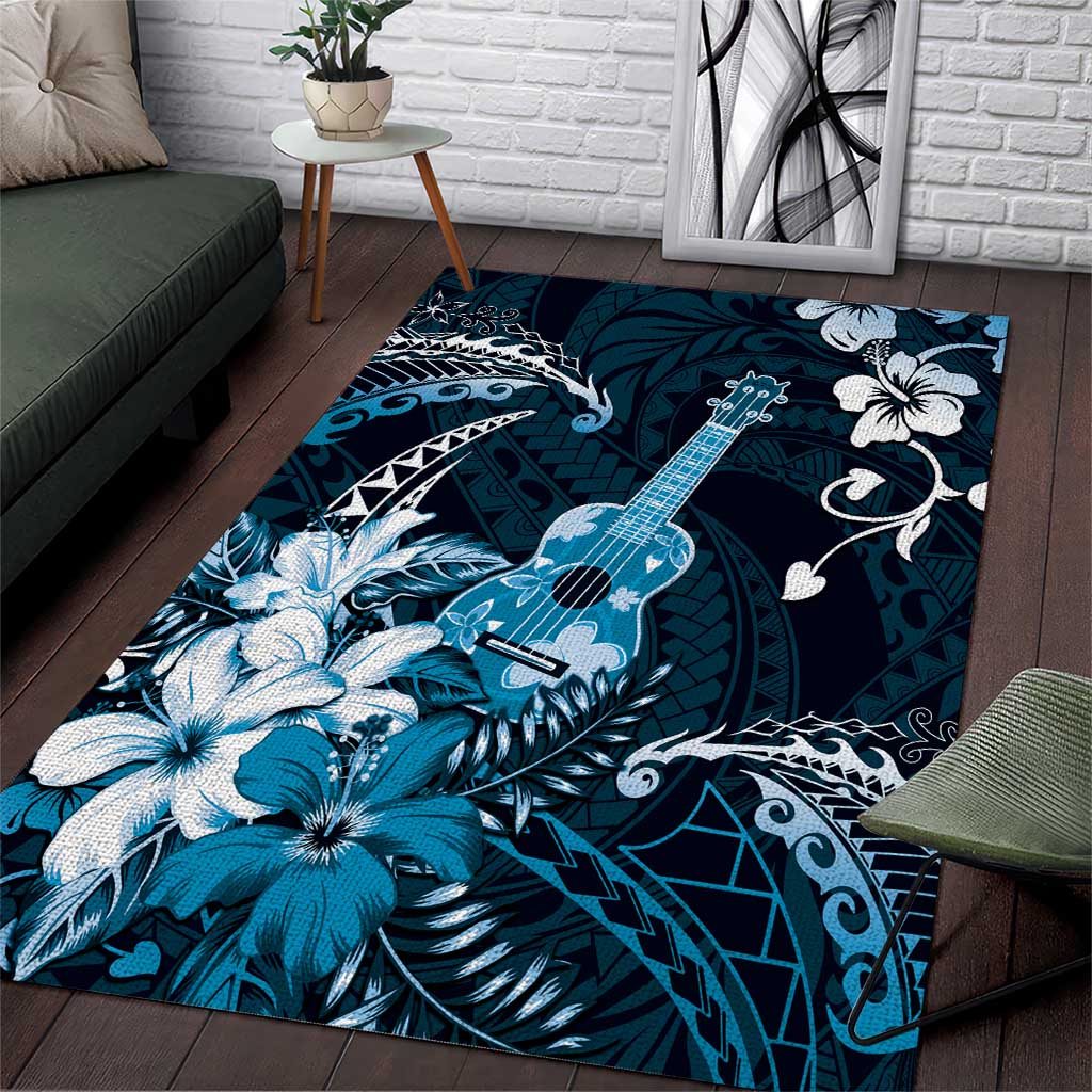 Hawaii Ukulele Area Rug Polynesian Pattern Mix Hibiscus Blue Version LT05 Blue - Polynesian Pride