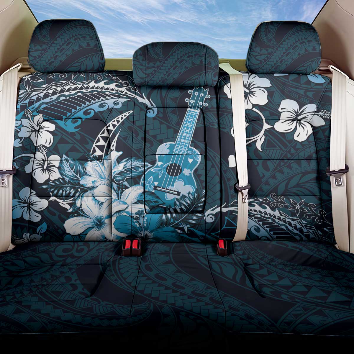 Hawaii Ukulele Back Car Seat Cover Polynesian Pattern Mix Hibiscus Blue Version LT05 One Size Blue - Polynesian Pride