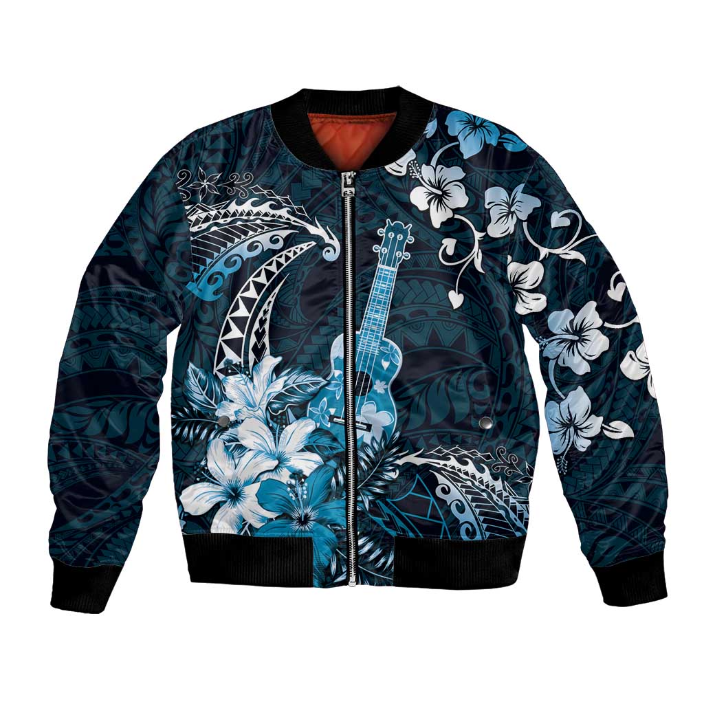 Hawaii Ukulele Bomber Jacket Polynesian Pattern Mix Hibiscus Blue Version LT05 Unisex Blue - Polynesian Pride