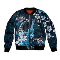 Hawaii Ukulele Bomber Jacket Polynesian Pattern Mix Hibiscus Blue Version LT05 Unisex Blue - Polynesian Pride