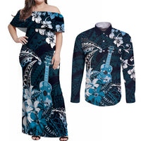 Hawaii Ukulele Couples Matching Off Shoulder Maxi Dress and Long Sleeve Button Shirt Polynesian Pattern Mix Hibiscus Blue Version LT05 Blue - Polynesian Pride