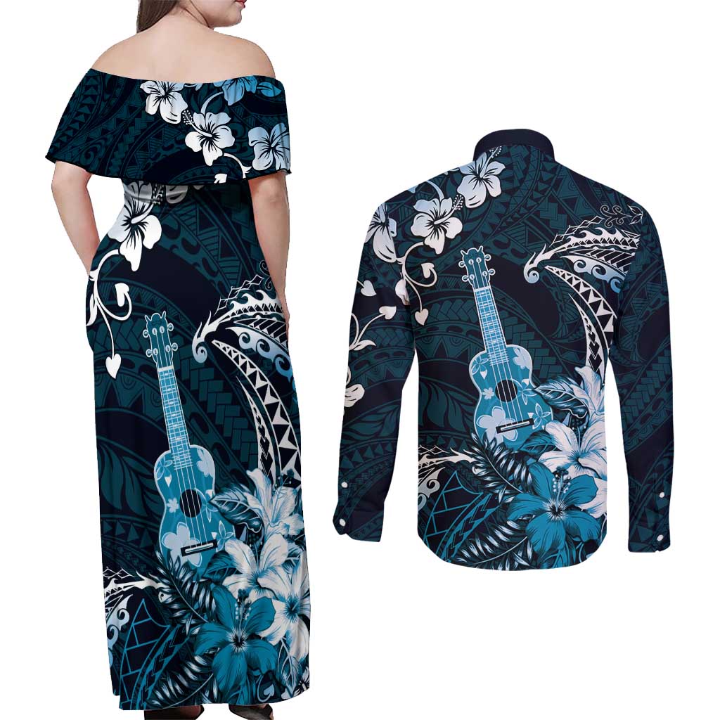 Hawaii Ukulele Couples Matching Off Shoulder Maxi Dress and Long Sleeve Button Shirt Polynesian Pattern Mix Hibiscus Blue Version LT05 - Polynesian Pride