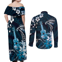 Hawaii Ukulele Couples Matching Off Shoulder Maxi Dress and Long Sleeve Button Shirt Polynesian Pattern Mix Hibiscus Blue Version LT05 - Polynesian Pride