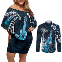 Hawaii Ukulele Couples Matching Off Shoulder Short Dress and Long Sleeve Button Shirt Polynesian Pattern Mix Hibiscus Blue Version LT05 Blue - Polynesian Pride
