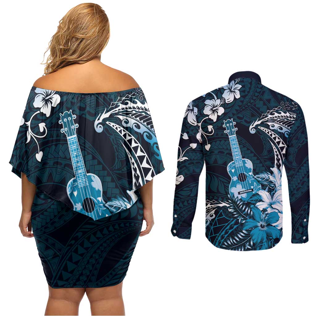 Hawaii Ukulele Couples Matching Off Shoulder Short Dress and Long Sleeve Button Shirt Polynesian Pattern Mix Hibiscus Blue Version LT05 - Polynesian Pride